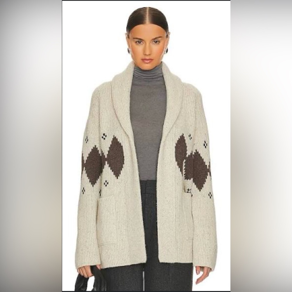 PAIGE Silas Oatmeal Argyle Cardigan Cozy Cream and Brown Women's Sweater Sz S